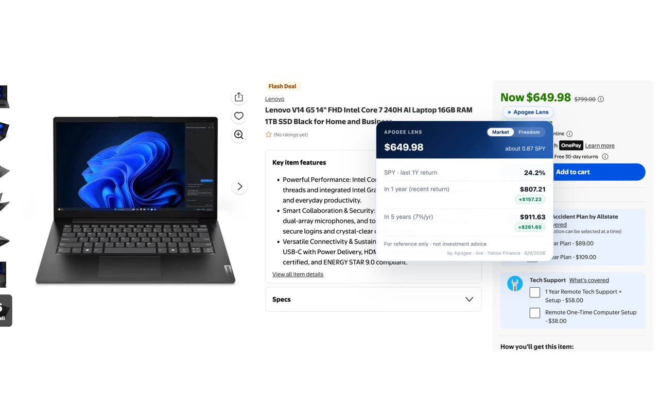 Apogee Lens tag next to a Walmart price